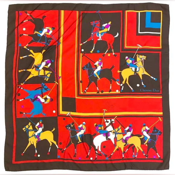 AUTH VINTAGE CHRISTIAN DIOR 78cm x 78cm LARGE MULTICOLOR JOCKEY RED SCARF SILK - Picture 2 of 9
